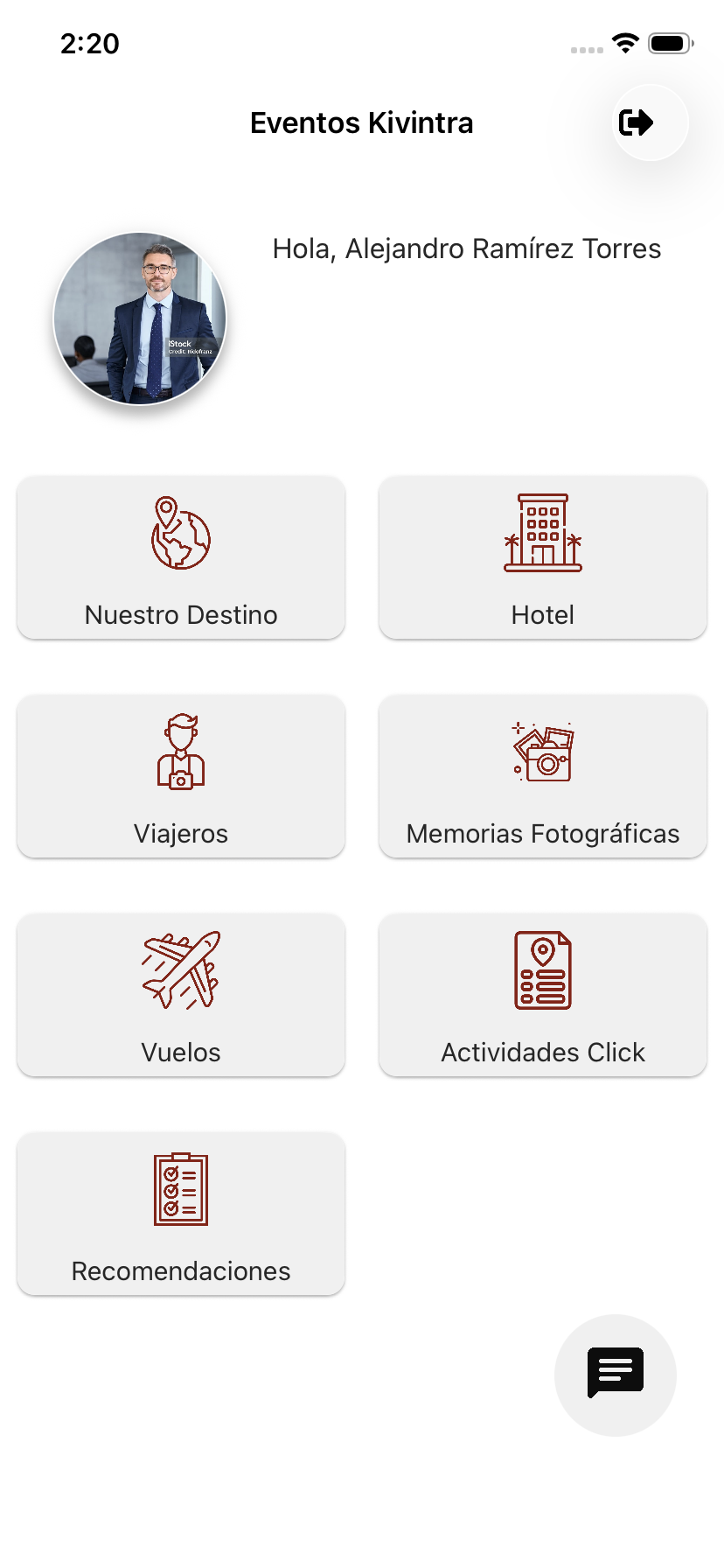App de Kivintra Eventos: inicio con los módulos del participante